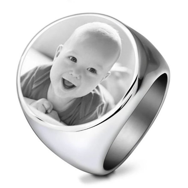 Personalized Stainless Steel Round Signet Ring with Photo