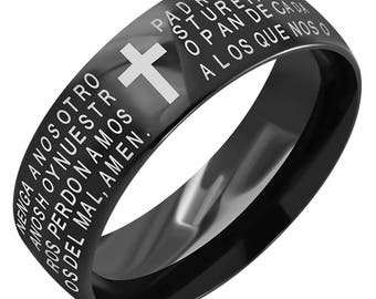 8mm Black Stainless Steel The Lords Prayer in Spanish Band Ring