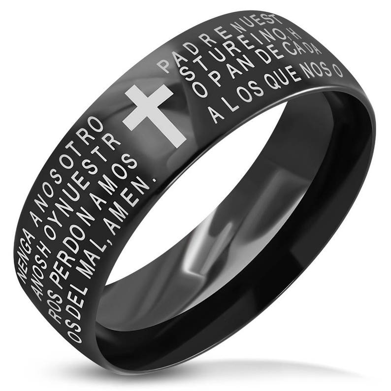 8mm Black Stainless Steel The Lords Prayer in Spanish Band Ring image 1