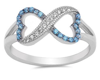 Sterling Silver Infinity Ring with Blue Topaz and Clear CZ- Free Engraving