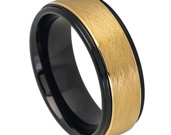 Two-Tone Black IP and Gold Color IP Sandblasted Finish Center Tungsten Ring- Comfort Fit - Free engraving