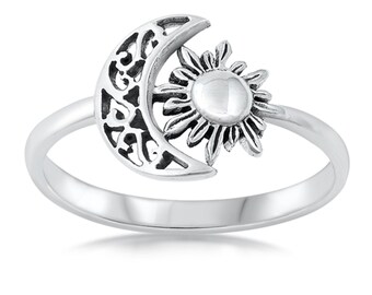 Quality 925 Sterling Silver Moon and Sun Ring