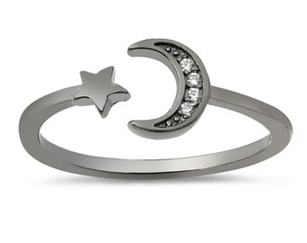 Quality 925 Genuine Sterling Silver Moon & Star Black Ring