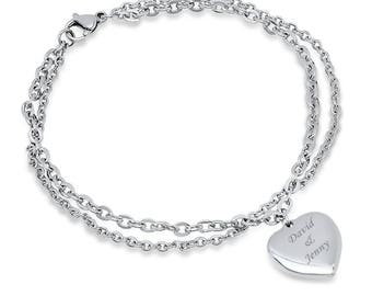 Personalized Dual Chain Stainless Steel Heart Charm Bracelet-Free Engraving