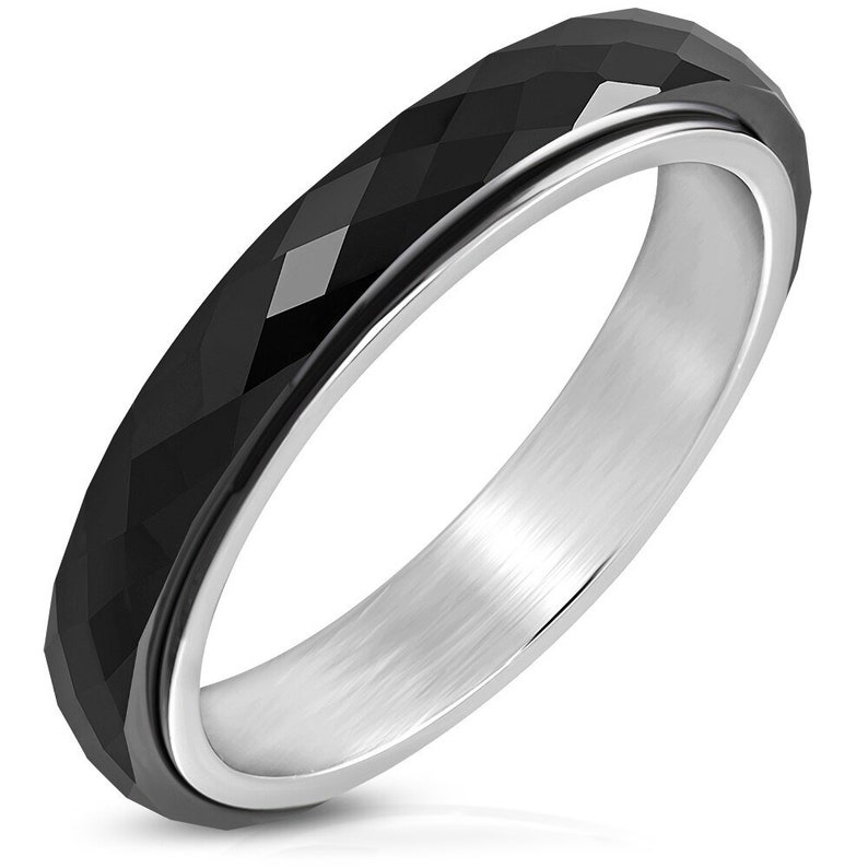 Cut Band Ring 4mm Stainless Steel with Black Ceramic Diamond Free Engraving