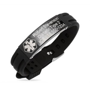 Personalized Black Stainless Steel With Black Rubber Medical Bracelet- Free Engraving