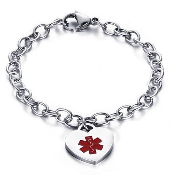 Free Engraving- Quality Stainless Steel Medical ID Bracelet with Heart Charm