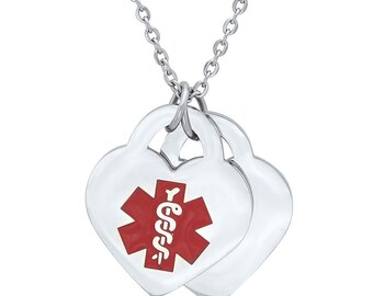 Stainless Steel Medical Alert ID Double Heart Pendant Necklace-Free Engraving