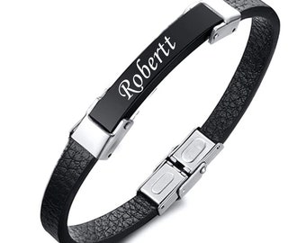 Personalized Stainless Steel and PU Leather ID Bracelet for Men