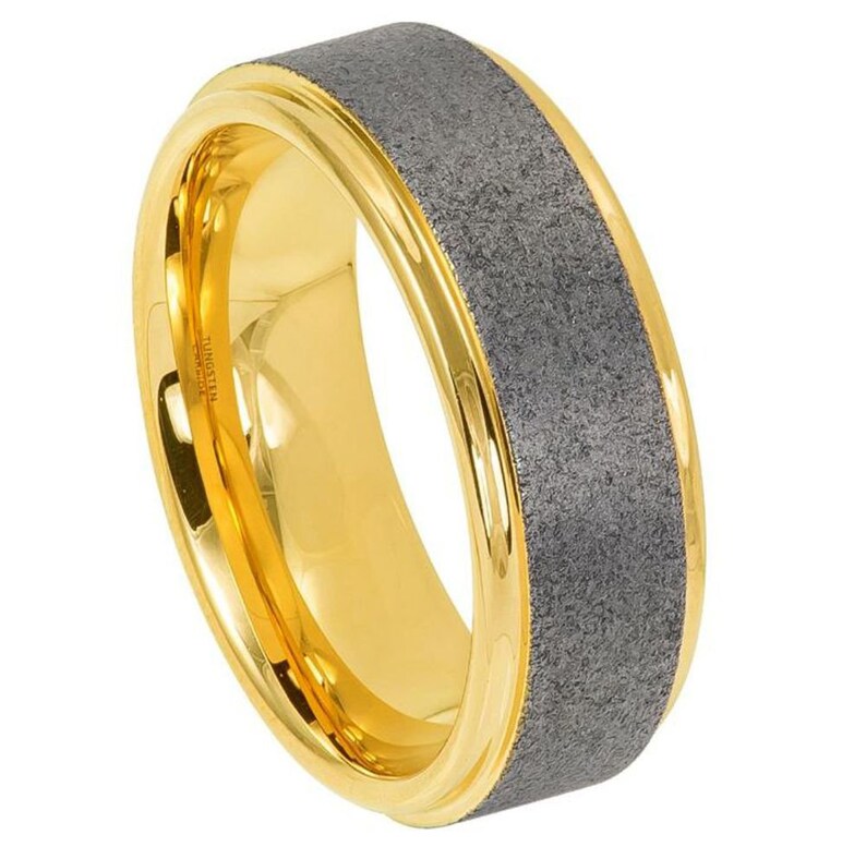 Comfort Fit Free engraving Sandblasted Center Stepped Edge Yellow Gold IP Plated Tungsten Ring