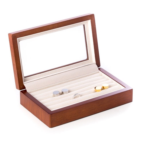 Black Wood Cufflink Box With Glass Top Free Engraving Etsy
