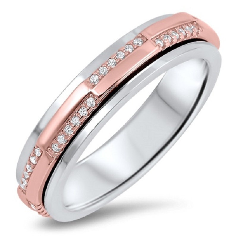 Personalized 5mm Sterling Silver Two Tone Spinner Ring with CZ