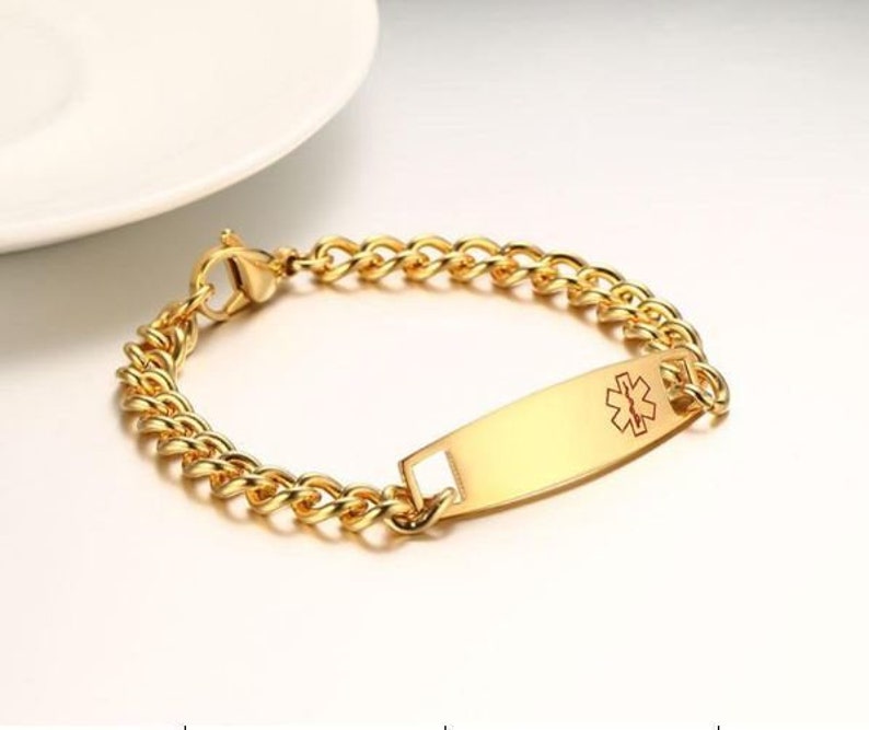 Free Engraving Quality Ladies Stainless Steel Gold Color Medical ID Bracelet
