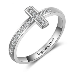 Personalized 925 Sterling Silver Cross Ring With Cubic Zirconia