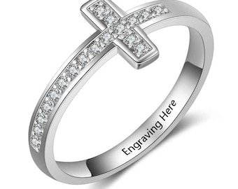 Personalized 925 Sterling Silver Cross Ring With Cubic Zirconia
