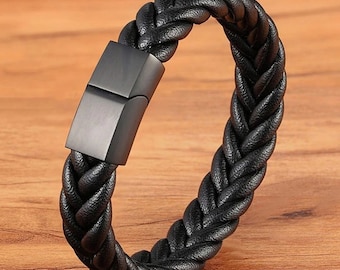 Personalized Black Braided Leather Magnetic Clasp Bracelet