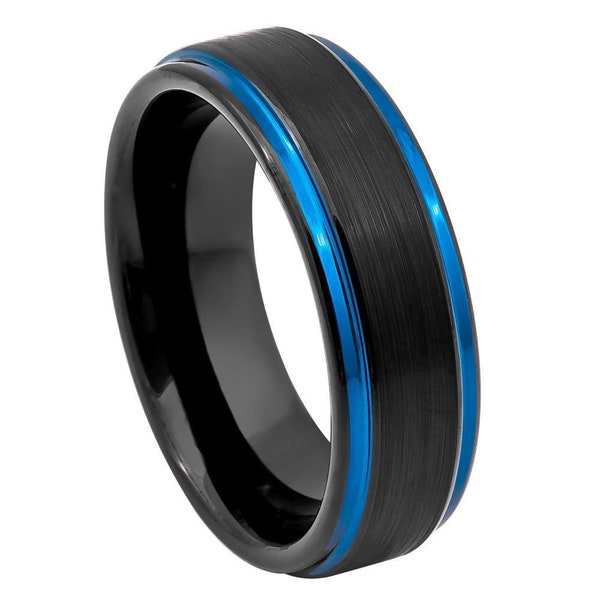 Personalized 6mm Dual Tone Black and Blue Brushed Stepped Edge tungsten Ring