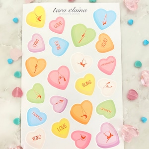 Candy Hearts Aerialist stickervel | Luchtzijde zijden stickers | Sling-stickers | Trapezestickers | Lyra-stickers | Circusstickers