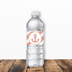Coral and Gold Glitter Anchor water bottle labels Printable | Etsy
