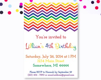 Rainbow Party Invitation, Rainbow Birthday, Chevron Rainbow Invitation, Rainbow Chevron Invite, Printable Invitation, Birthday Invitation
