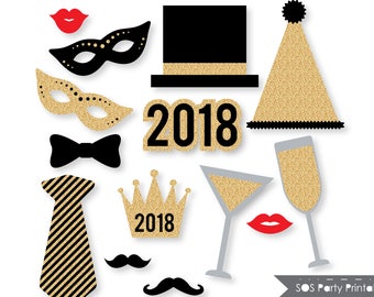 New Years 2018 Photobooth Props, Gold Glitter New Years Eve Party, New Years Printables, New Years Photo booth props, Instant Download