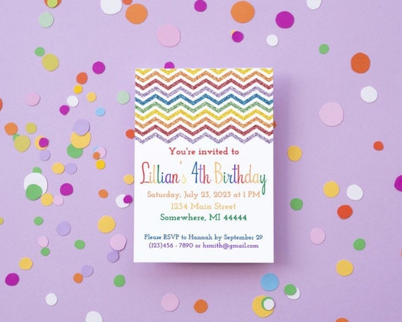 Glitter Rainbow Party Invitation, Rainbow Birthday, Chevron Rainbow Invitation, Rainbow Invite, Printable, Edit in Canva App on Phone Il_570xn