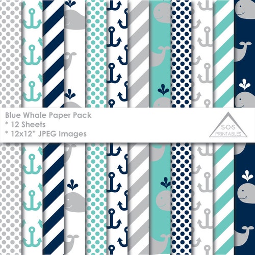 Whale Paper Blue Whale Paper Pack Nautical Paper Digital Etsy