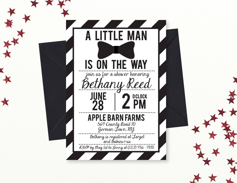 Little Man Baby Shower Invitation Black And White Bowtie Baby Etsy