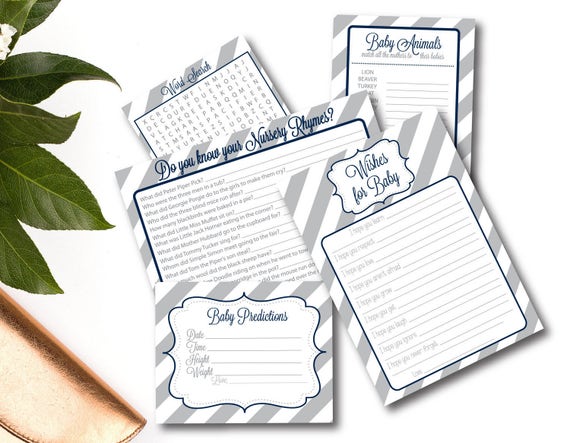 Gray and Navy Baby Shower Games, Boy Baby Shower, Gender Neutral, Word Search, Wishes for Baby, Printable Games, Gray Stripes, printable pdf Il_570xn