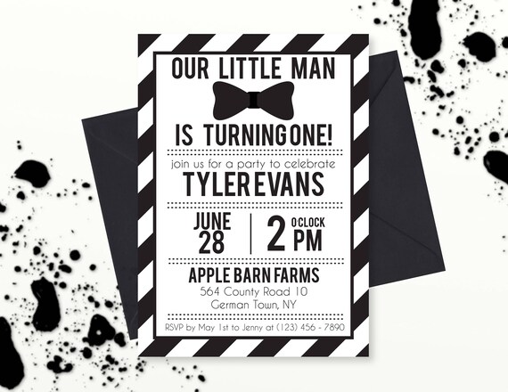 Our Little Man is One Invitation, Black and White Bowtie Birthday Invitation, Little Man Bow Tie, Printable PDF, Digital Invitation Il_570xn