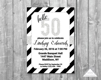 Fiftieth Birthday Invitation, Hello 50 Invitation, Black and White Party, fifty, silver 50th, milestone birthday, Printable Invitation