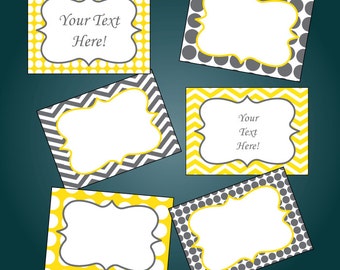 Gray and Yellow Chevron and Polkadots Printable Buffet Labels - Printable PDF - EDITABLE - Instant Download - Immediate Download