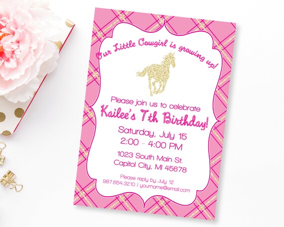 Cowgirl Birthday Party Invitation, Horse Birthday, Pony Birthday Party, Glitter Horse Birthday Invite, Printable Invitation, editable Il_570xn