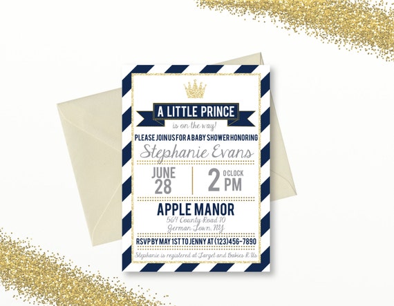 Prince Baby Shower Invitation, A Little Prince is on the Way, Navy and Gold Baby Shower, Printable, Editable, Boy Baby Shower, Canva File Il_570xn