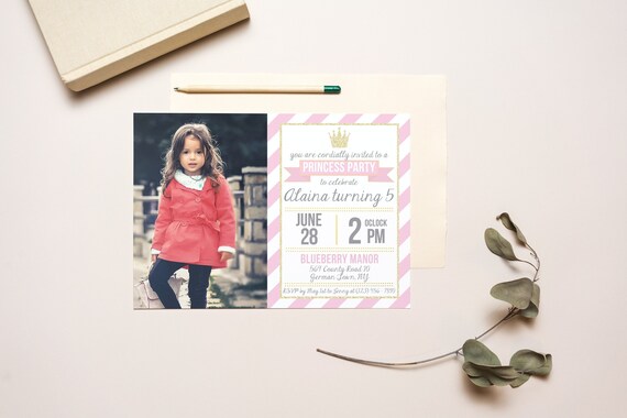 Princess Party Invitation, Little Princess Birthday, Pink and Gold Princess, Digital Invitation, Photo Picture Invite, Canva template Il_570xn