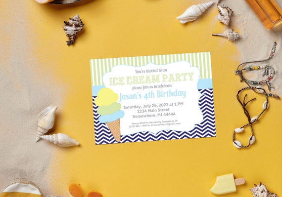 Boy Ice Cream Party Invitation, Ice Cream Parlor, Summer Birthday, Printable, Editable Digital File, Edit Yourself on phone, Canva Template Il_570xn