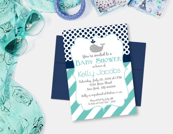 Whale Baby Shower Invitation, Stripes and Polkadots, Boy Whale Shower, Blue Whale Invite, Edit in Canva App, Adobe Reader, Printable PDF Il_570xn