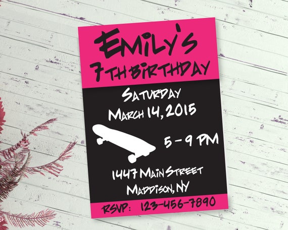 Pink Skateboard Birthday Invitation, Skater Girl Birthday Party, Editable instant download, Edit in Canva App, Adobe Reader, Printable PDF Il_570xn