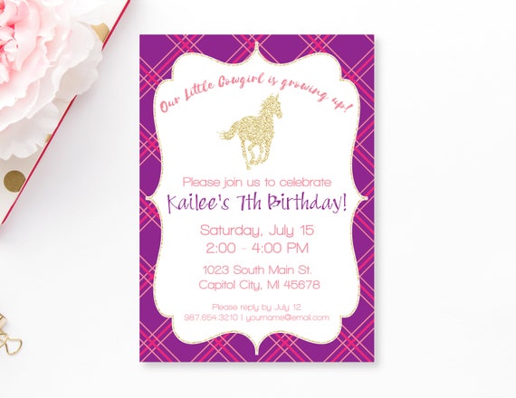 Horse Party Invitation, Cowgirl Birthday, Pony Birthday Party, Glitter Horse Birthday Invite, Printable Invitation, Birthday Invitation Il_570xn