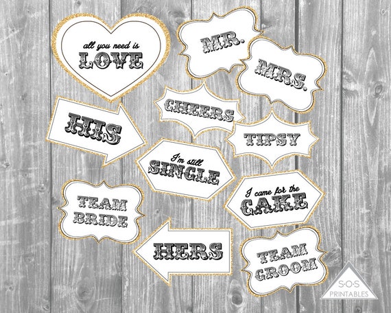 Gold Glitter Wedding Reception Photobooth Props Printable Pdf