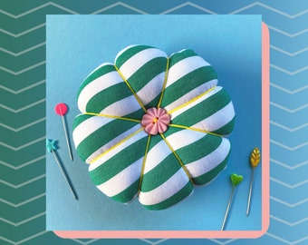 Flower Pin Cushion - Green and White Stripes - Handmade