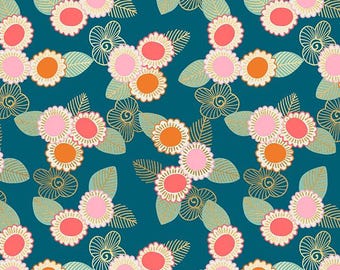 Purl - Embroidered Floral - Teal - Metallic - 50cm - Fabric Destash