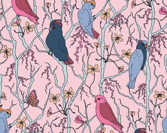 Cockatoos, Peaches & Pears - Treetops - Pastel Pink - Fat Quarter - OOP