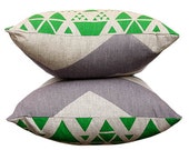 Cushion Double Sided Dust Chevron and Emerald Green Diamond - Hand screen printed on hemp - Eco friendly