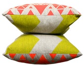 Cushion Double Sided Lime Chevron and Neon Red Diamond - Hand screen printed on hemp - Eco friendly