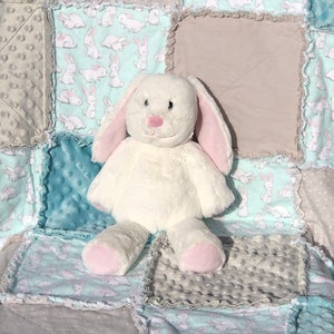 Bunnies on Aqua Background Baby Rag Quilt; Baby Boy Bunnies Rag Quilt; Bunnies with Gray and Aqua Blanket; Bunnies Blanket; Bunnies Baby Rag