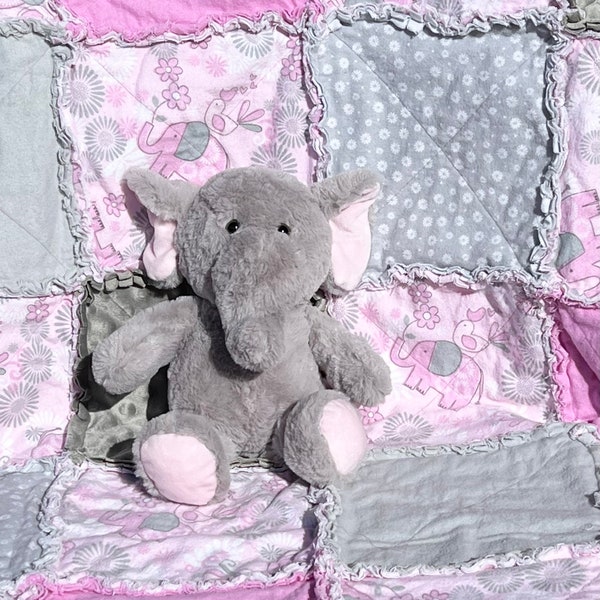 Happy Elephants and Flowers Baby Rag Quilt; Elephants Baby Girl Rag Quilt; Baby Girl Elephant Rag Quilt; Baby Elephants Baby Rag Quilt; Pink