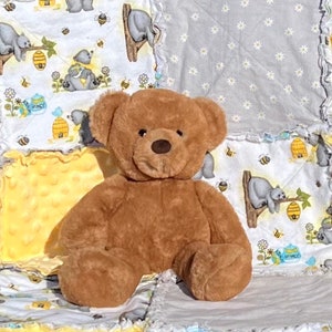 Honey Bear and Bees Baby Rag Quilt; Bear and Bees Baby Rag Quilt; Bear and Bees Baby Blanket; Bear and Honey Baby Blanket; Gray and Yellow
