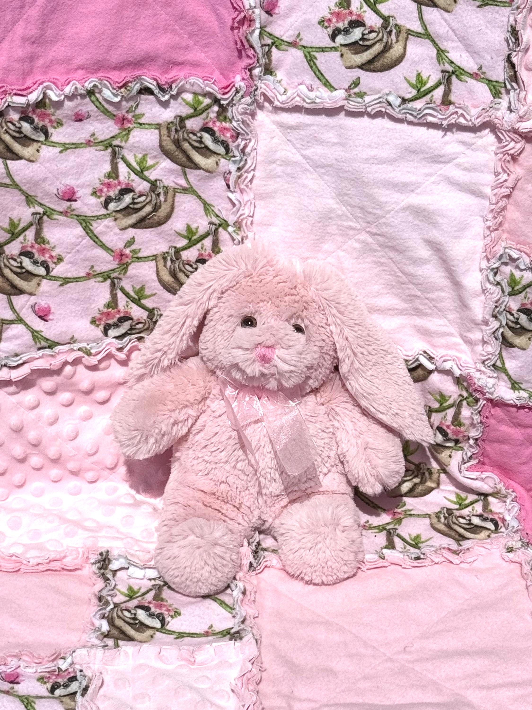 Sloth Baby Rag Quilt; Momma and Baby Sloth Baby Rag Quilt; Pink