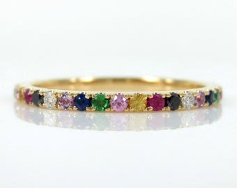 1.5mm Rainbow Eternity Band - Multicolored Diamonds & Gemstones - Stacking Bands - Wedding Bands